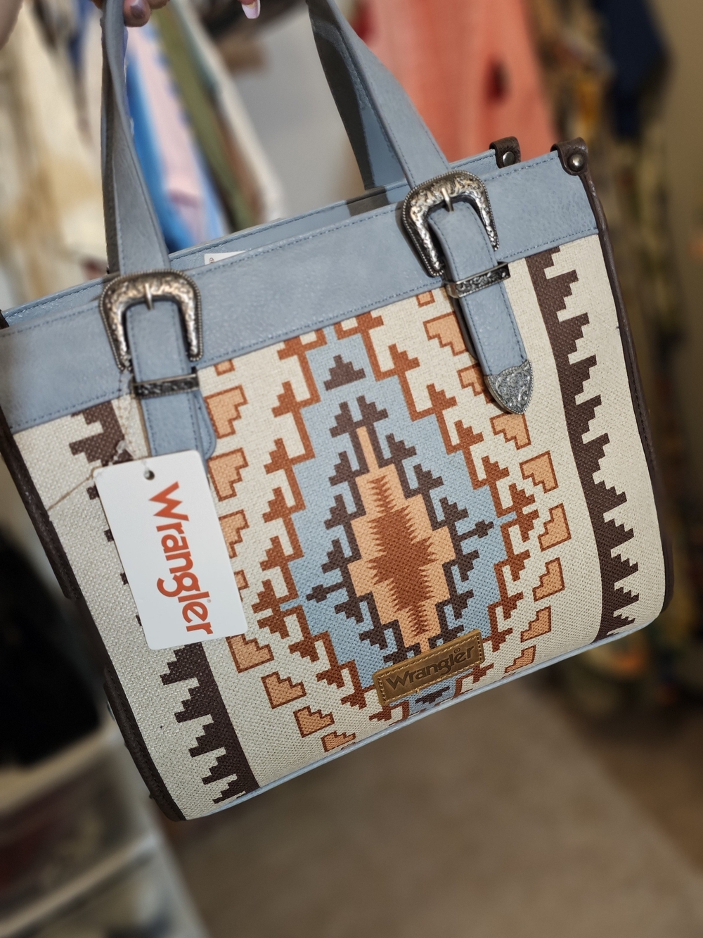 Wrangler Light Blue Leather-Trim Southwestern Pattern Tote